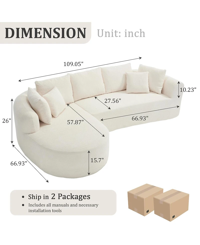 Streamdale Furniture 109" Modern Cloud Sofa with 7 Pillows & L-Shape Modular Design