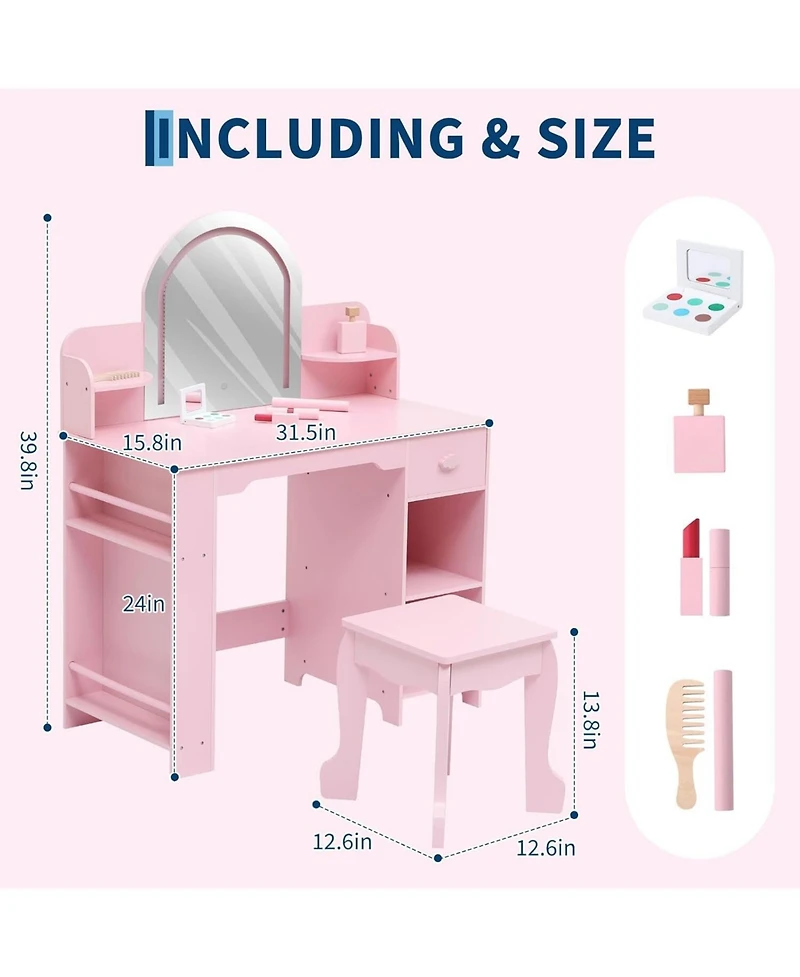 gaomon Kids 2-in-1 Vanity Set with Lighted Mirror, Stool, Bookshelf and Makeup Kit