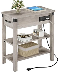 gaomon Narrow Flip-Top End Table with Drawer, Storage Shelves and Charging Station, Pale Oak