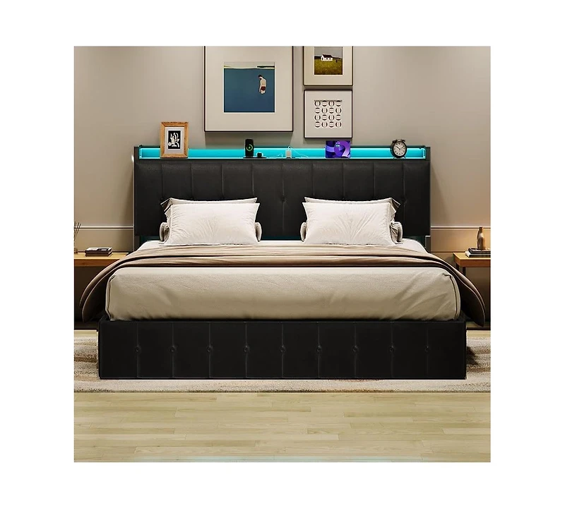gaomon King Bed Frame with Lift Up Storage Upholstered Velvet Bed Led Lights Power Outlets Hydraulic Support No Box Spring