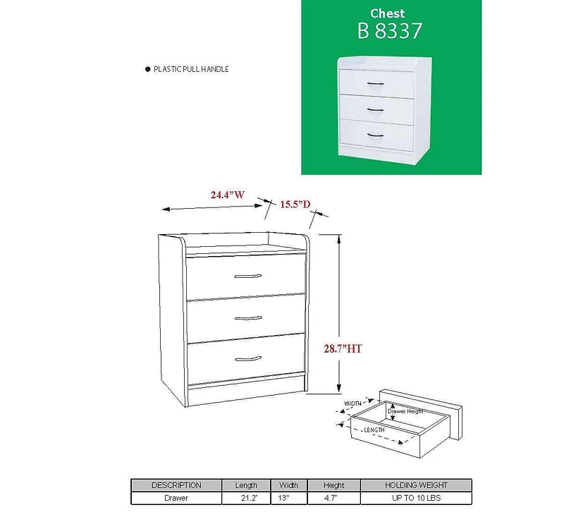 Kings Brand Furniture Wood 3 Drawer Chest