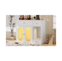 Aostirmotor Cat Litter Box Enclosure with Led Light – End Table with Storage Drawers & Acrylic Doors