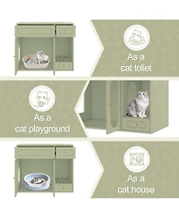 Aostirmotor Cat Litter Box Enclosure with Led Light – White End Table with Storage Drawers & Acrylic Doors, Green