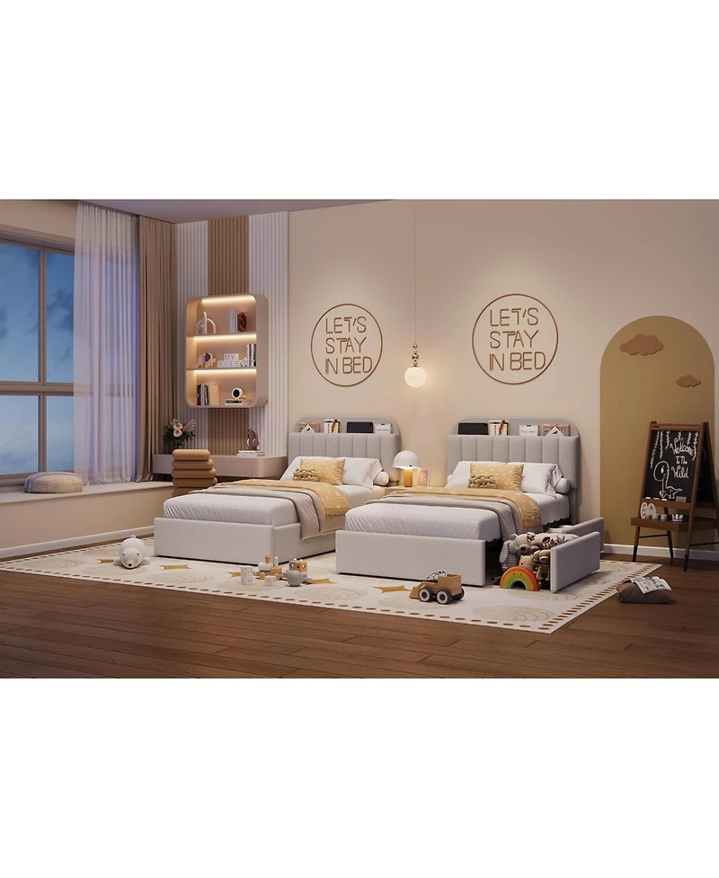 gaomon Bed Frame with Storage Headboard, Kids 2 Drawers, Boucle Upholstered Platform Bookcase