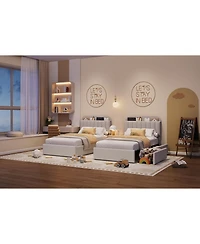 gaomon Bed Frame with Storage Headboard, Kids 2 Drawers, Boucle Upholstered Platform Bookcase
