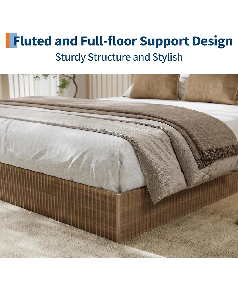 California King Bed Frame, Wood Platform with Fluted Design, Low Profile BedFrame, Minimalist Base Noise-Free, Easy Assembly