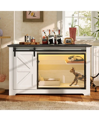 Aostirmotor Farmhouse Cat Litter Box Enclosure with Sliding Barn Door – White Nightstand Cabinet with Led Light & Storage, Hidden Cat Furniture