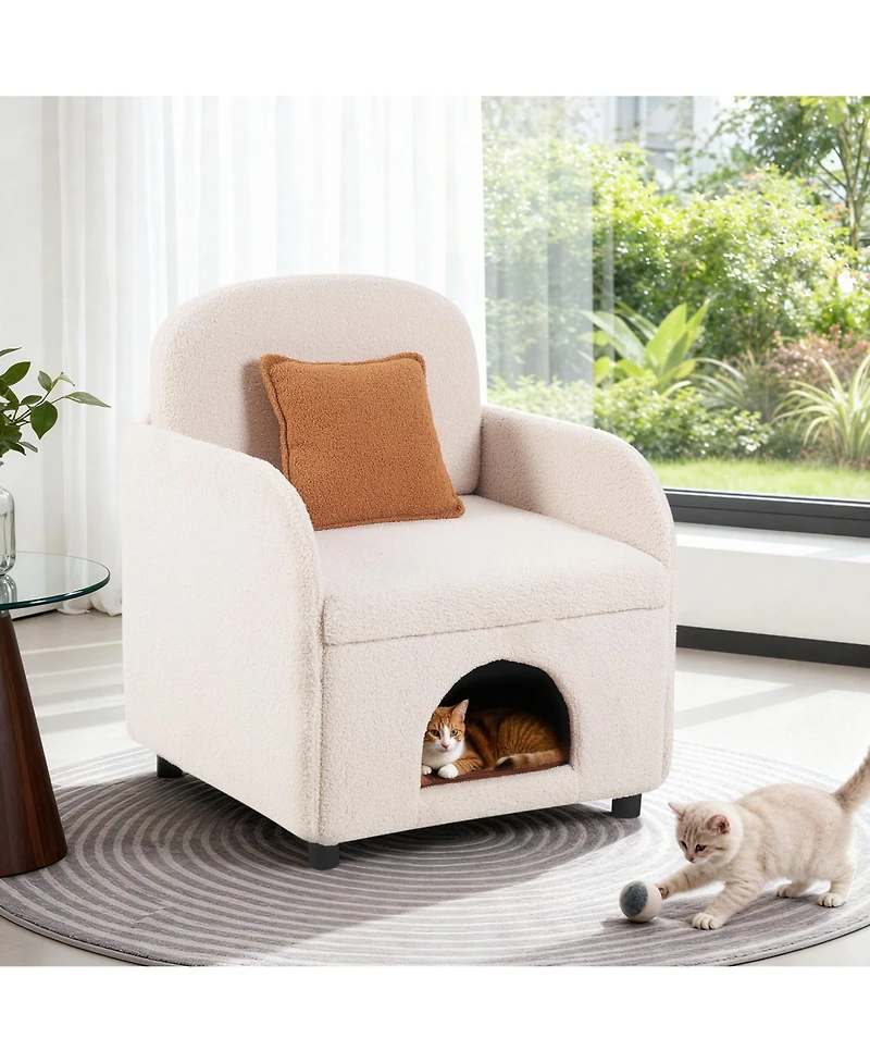 Aostirmotor Cream White Sherpa Armchair – 2-in-1 Pet Friendly Furniture with Lumbar Pillow
