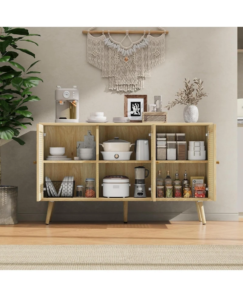 gaomon 47.2" Rattan Sideboard Buffet Cabinet with 3 Doors,Boho Adjustable Shelves, White Console Table for Living R