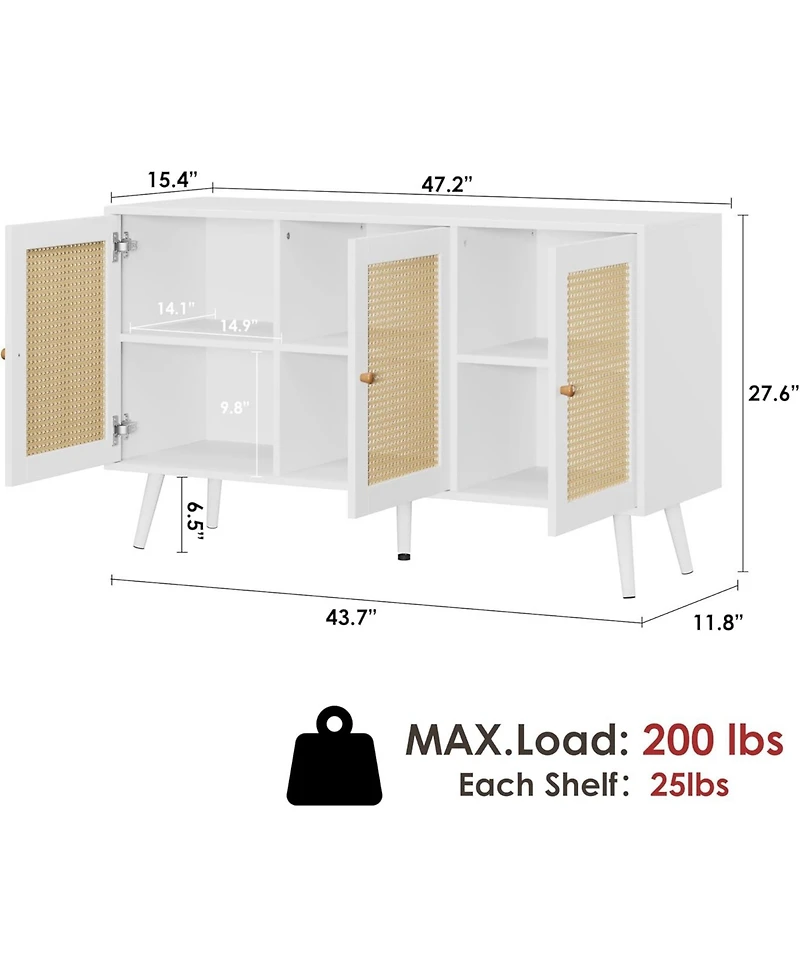 gaomon 47.2" Rattan Sideboard Buffet Cabinet with 3 Doors,Boho Adjustable Shelves, White Console Table for Living R
