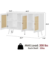 gaomon 47.2" Rattan Sideboard Buffet Cabinet with 3 Doors,Boho Adjustable Shelves, White Console Table for Living R