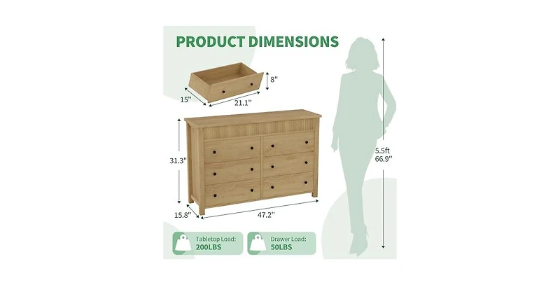 gaomon 6 Drawer Dresser for Bedroom, Wooden Chest of Drawers, Fluted Tv Stand, Storage Organizer for Living Room