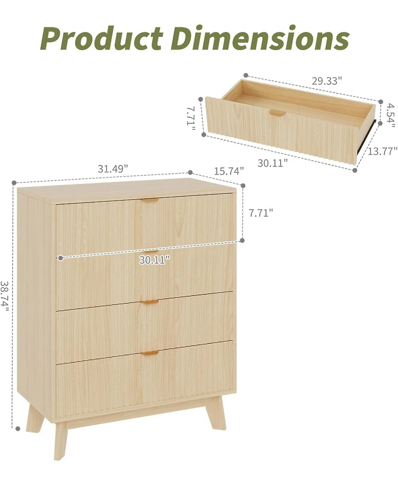 gaomon Fluted 4-Drawer Modern Dresser, Wood Storage Chest Organizer for Bedroom or Hallway