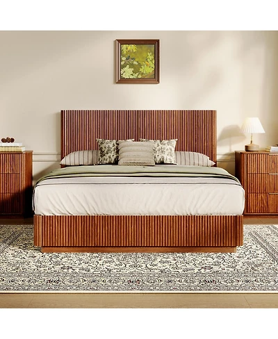 Streamdale Furniture Queen Size Bed Frame with Led Lights, Modern Walnut Wood Design