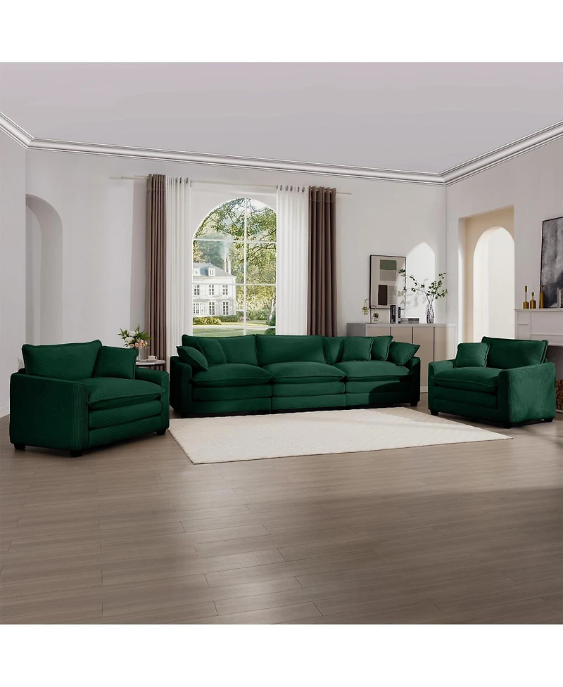 Streamdale Furniture Luxurious Green Corduroy Sofa Set - 2 Single, 1 3-Seater