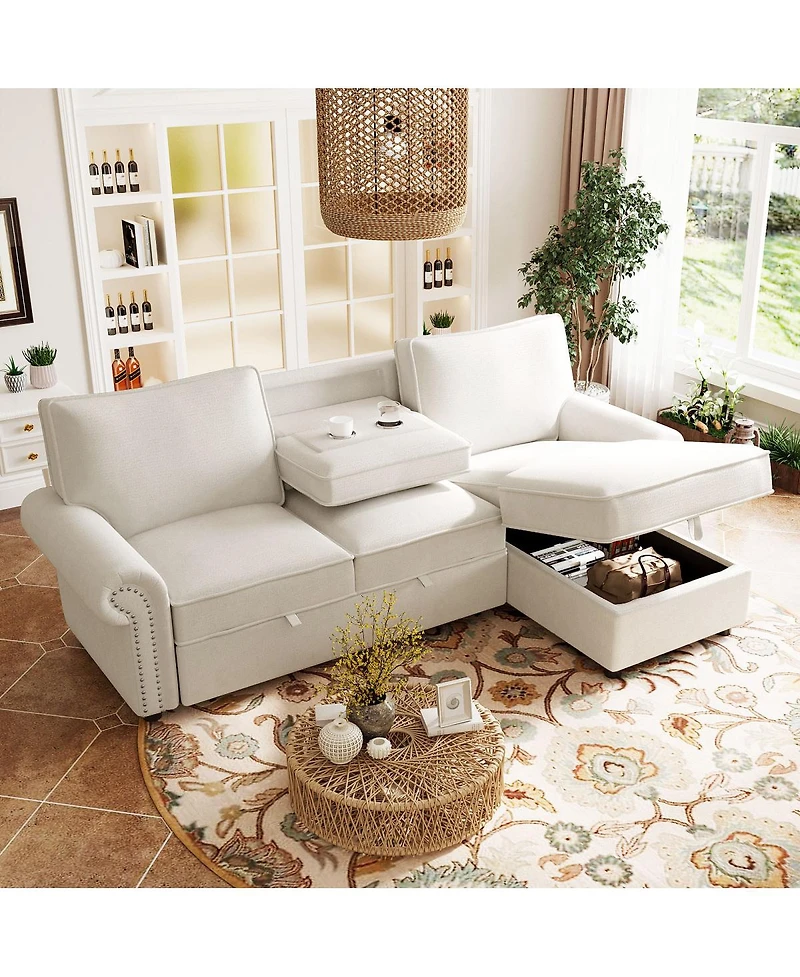 Streamdale Furniture 95" Convertible Sectional Sleeper Sofa w/ Storage Chaise & Cup Holders