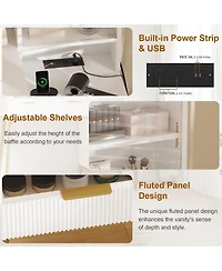 gaomon Modern Fluted Makeup Vanity Desk with Lighted Mirror, 5 Drawers and Power Outlet