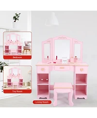 gaomon Kids Pretend Play Vanity Set with Tri-Fold Mirror and Stool