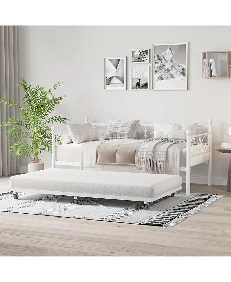 gaomon Metal Twin Daybed with Trundle Sofa Bed Steel Slats Curved Flower Design No Box Spring Needed Living Spaces