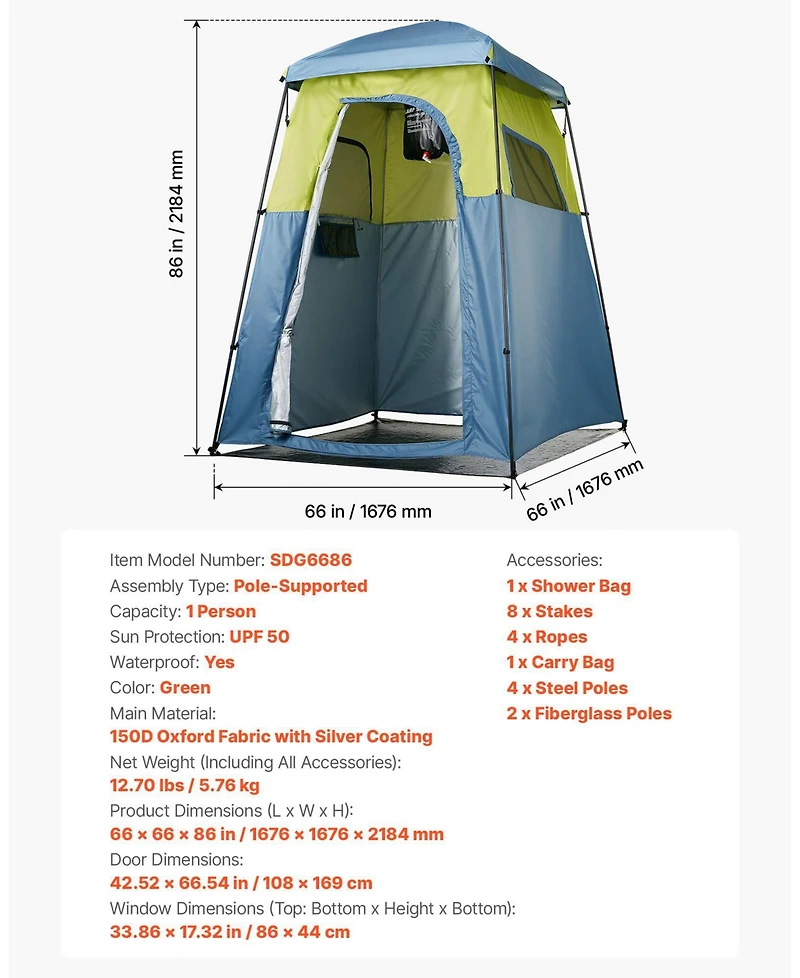 Mecale 1-Room Camping Shower Tent with Shower Bag, Stakes and Carry Bag