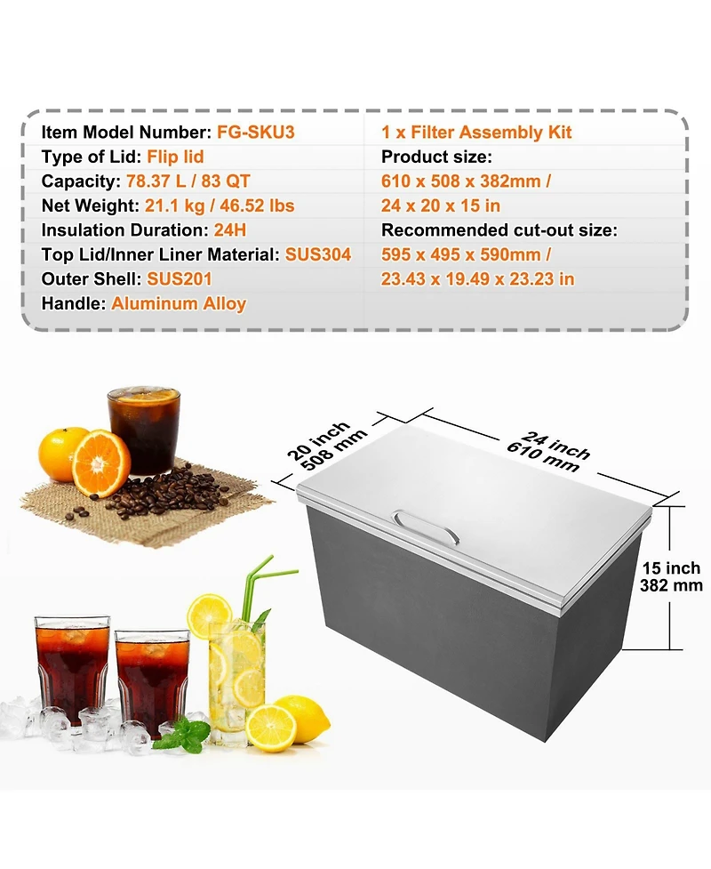 Mecale 24 x 20 x 15 Inch Drop-In Stainless Steel Ice Chest, 40 Qt with Hinged Lid