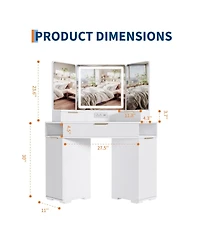 gaomon Fluted Wood Corner Vanity Desk with Lighted Mirror, Drawers, Cabinets and Charging Station