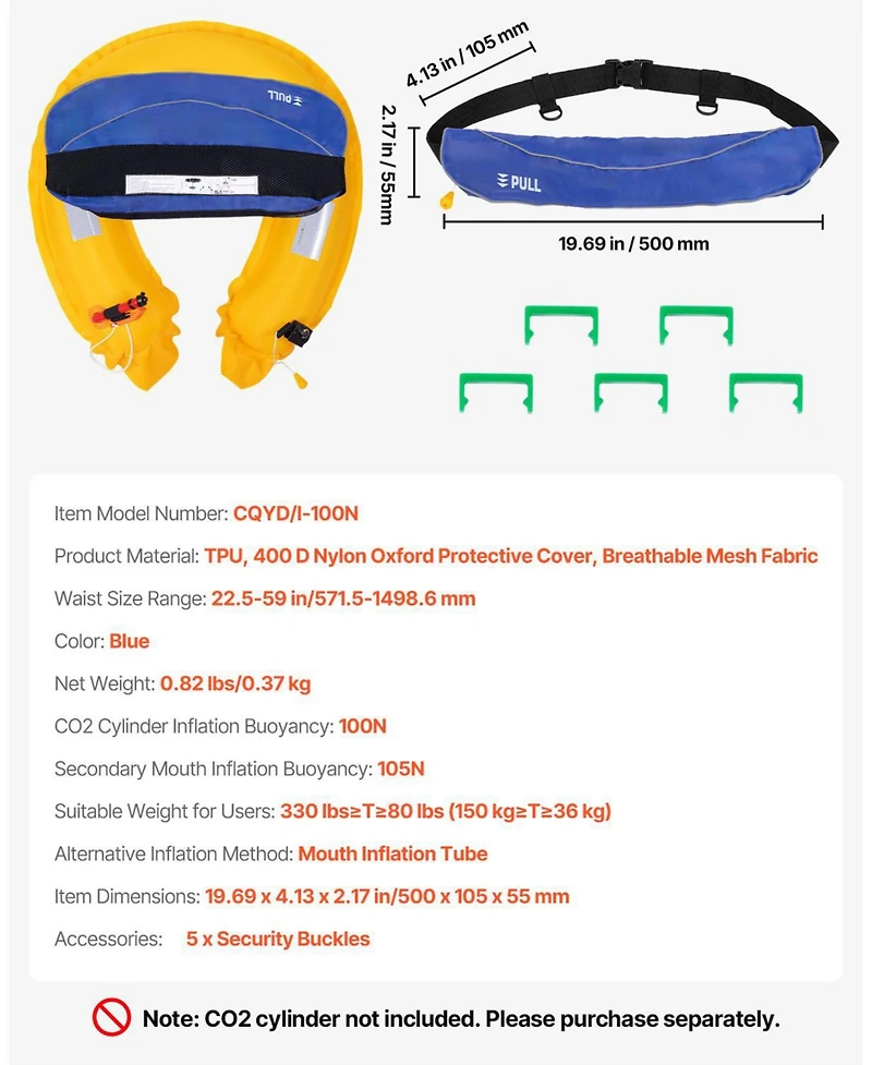 Mecale Manual Inflatable Belt Pack Pfd for Adults, 105N Buoyancy, Adjustable Waist