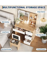 gaomon Makeup Vanity Set with Foldable Lighted Mirror, Drawers and Cushioned Stool