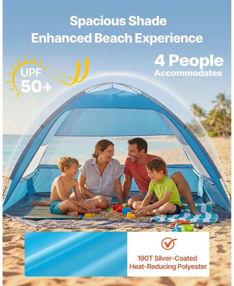 Mecale 4-Person Beach Tent Sun Shelter with Upf 50+ Protection and Sand Pockets
