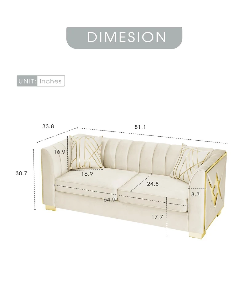 Streamdale Furniture Streamdale Luxurious Velvet Sofa with Geometric Gold Hardware & Metal Feet