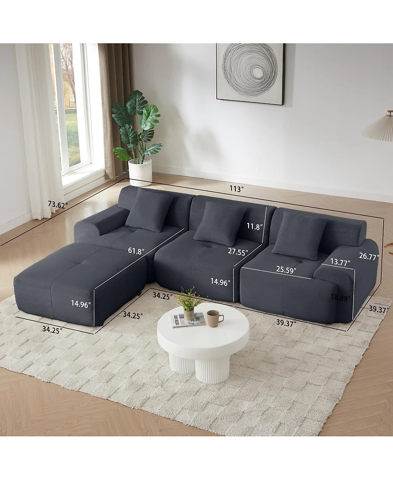 Streamdale Furniture Modern L-Shaped Corduroy Sectional Sofa with Movable Ottoman