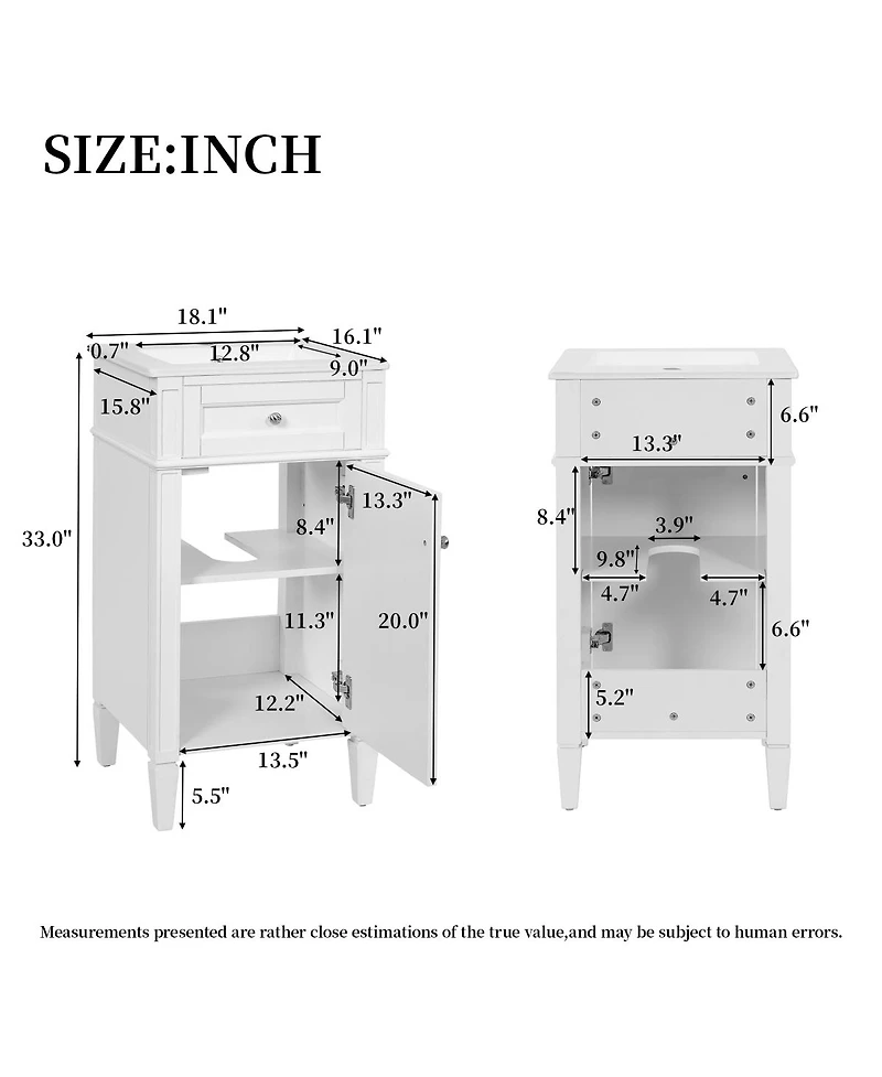 Sillysis 18" Bathroom Vanity with Ceramic Sink, Compact Mdf Storage, Soft Close Door, Modern French Style for Small