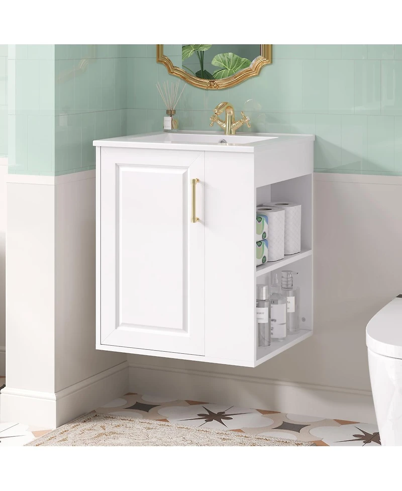 Sillysis 20" Wall Mounted Bathroom Vanity with Sink, Open Shelves Storage, Soft Close Door, Modern Floating Cabinet for Small Space