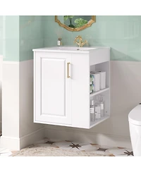 Sillysis 20" Wall Mounted Bathroom Vanity with Sink, Open Shelves Storage, Soft Close Door, Modern Floating Cabinet for Small Space