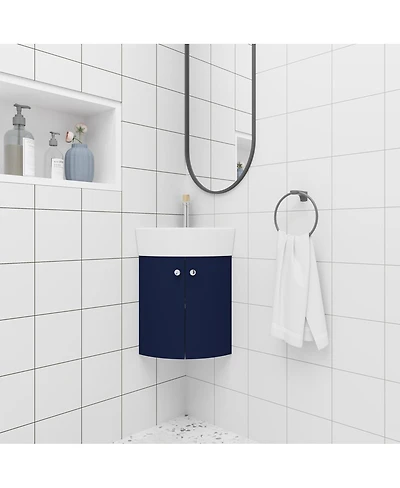 Sillysis Corner Bathroom Vanity with Sink, Wall Mounted Ceramic Basin, Soft Closing Doors, Pre-assembled for Small Spaces