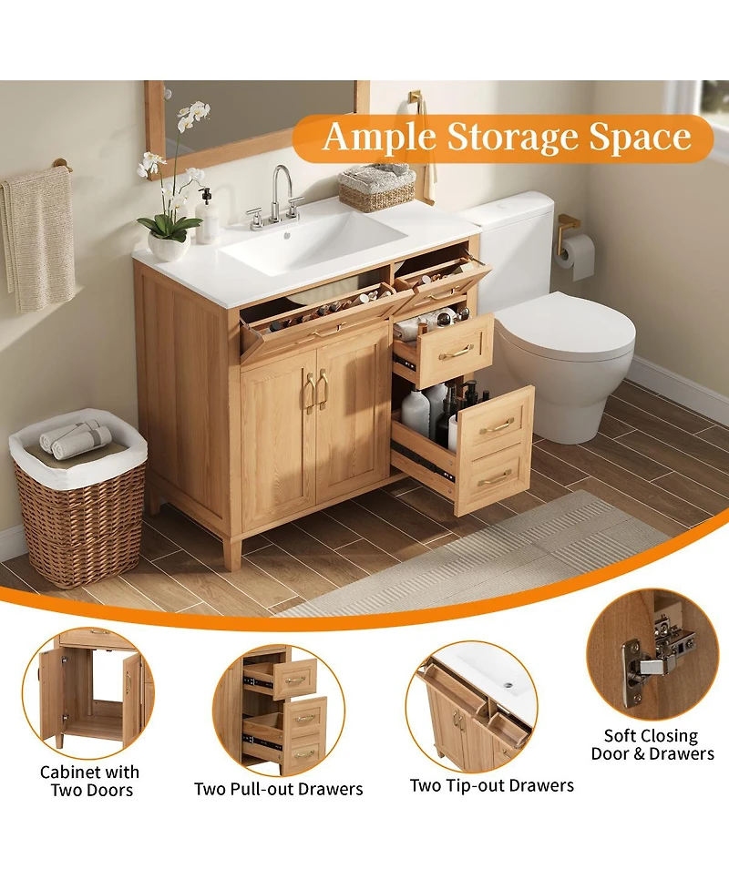 Sillysis 36" Modern Natural Bathroom Vanity with Ceramic Sink, Soft-Close Drawers, Double Door Cabinet, Ample Storage for Bathroom