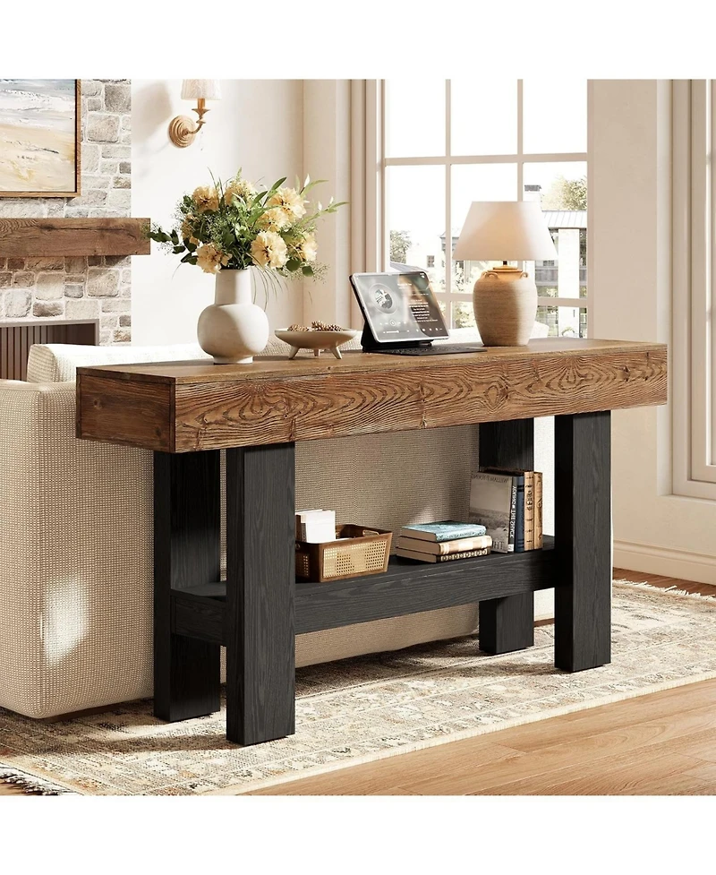 Tribesigns 2-Tier Solid Wood Black Console Table for Entryway, Long Narrow Sofa Table Behind Couch