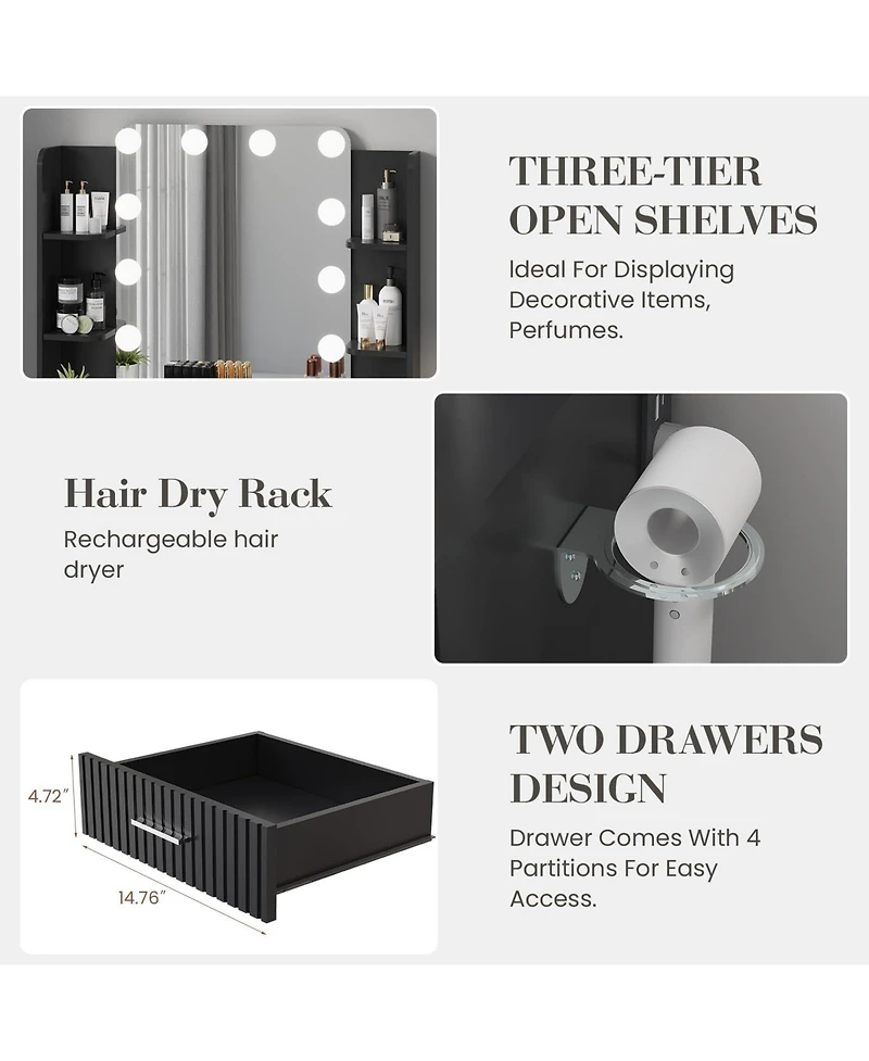 Gaomon Modern Makeup Vanity Set with 12-led Mirror, Stool, 2 Drawers