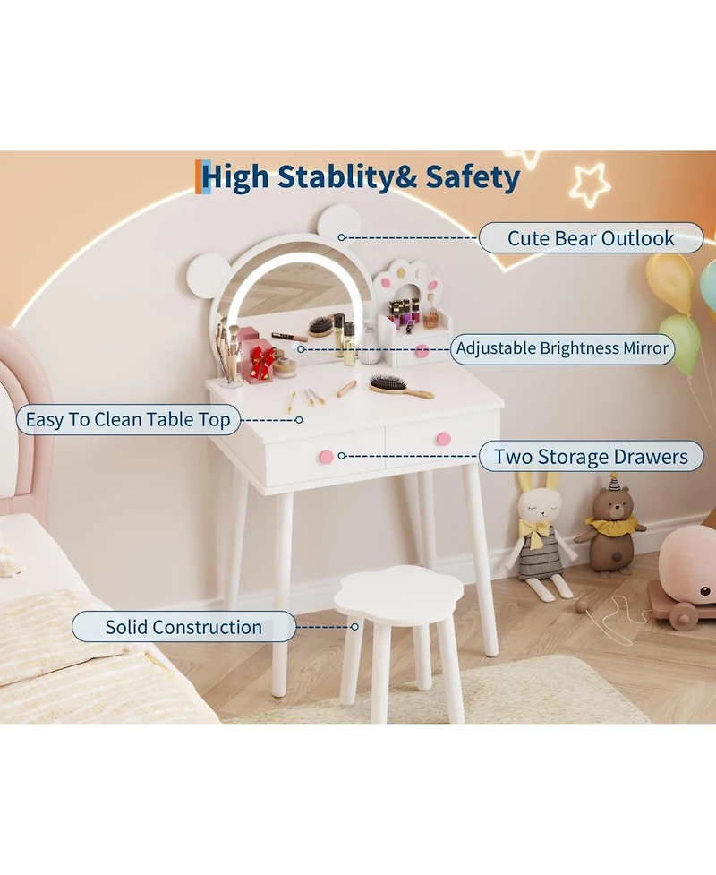 gaomon Kids Wooden Vanity Table and Chair Set with Touch Control Lighted Mirror and Drawers