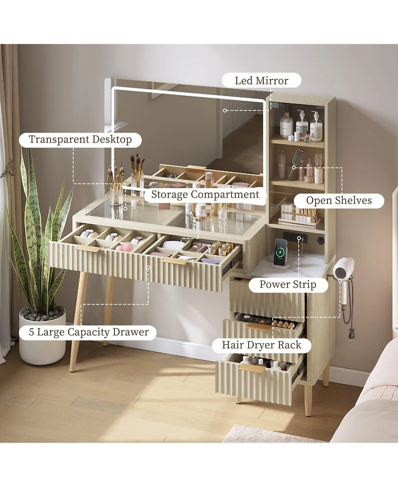 gaomon Modern Fluted Wood Makeup Vanity Desk with Glass Top, 5 Drawers and Charging Station