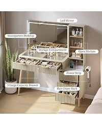 gaomon Modern Fluted Wood Makeup Vanity Desk with Glass Top, 5 Drawers and Charging Station
