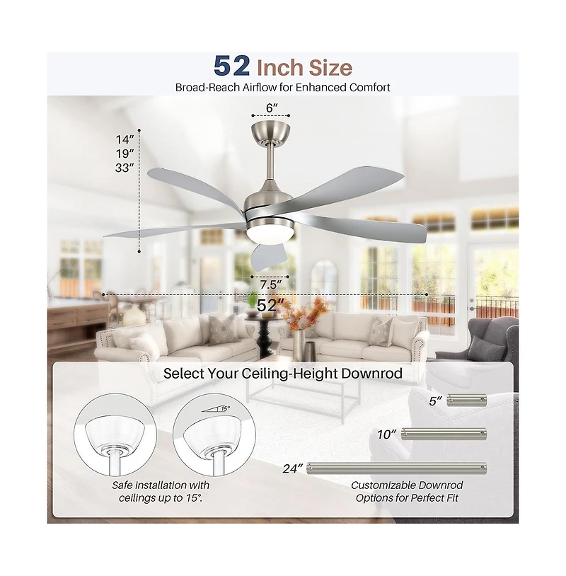 52-inch Modern Sand Nickel 5-Blade Ceiling Fan with Remote Control and Led Light
