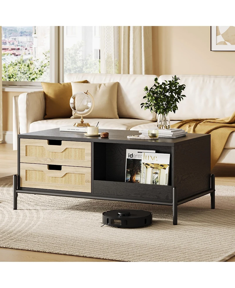 gaomon Rectangular Modern Coffee Table with Led Lights, Open Shelf and 4 Drawers