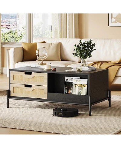 gaomon Rectangular Modern Coffee Table with Led Lights, Open Shelf and 4 Drawers