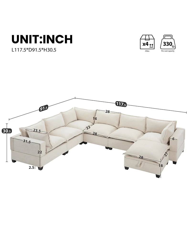 Streamdale Furniture 117.5" Modular Sectional Sofa with Movable Storage Ottoman, 7 Seat U Shaped Couch