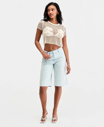 Bar Iii Women's Sequin Destructed Denim Bermuda Shorts, Macy's Exclusive