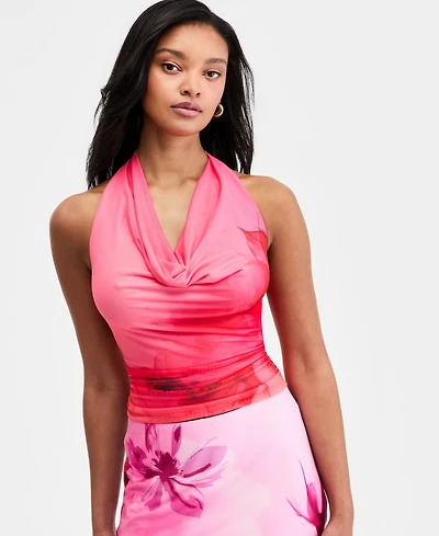 Bar Iii Women's Floral-Print Mesh Cowl-Neck Halter Top, Macy's Exclusive