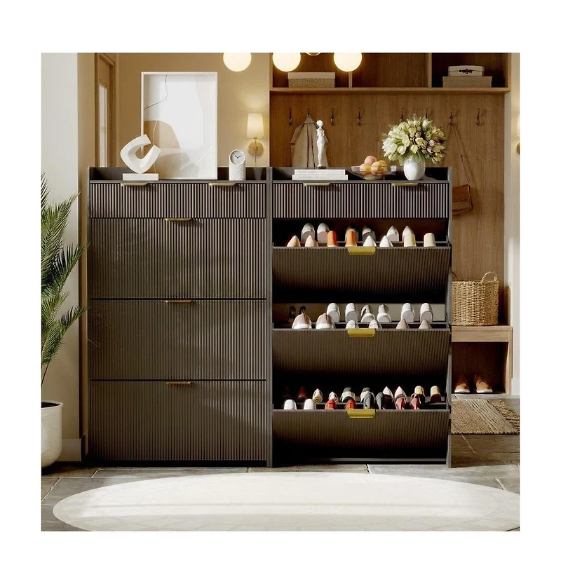 Homfan Modern Natural Shoe Cabinet with 3 Flip Drawers & 2 Small Hook, Slim Fluted Storage Organizer, Narrow Entryway