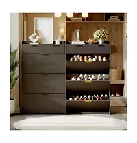 Homfan Modern Natural Shoe Cabinet with 3 Flip Drawers & 2 Small Hook, Slim Fluted Storage Organizer, Narrow Entryway