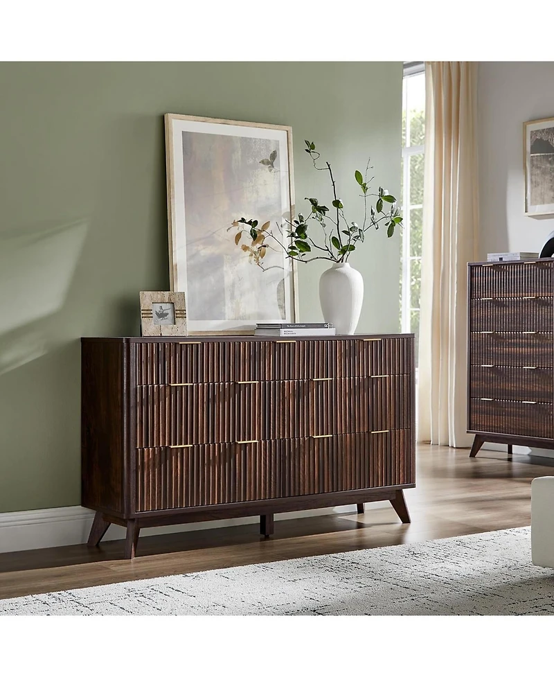 gaomon 54" Modern Fluted Wood 7-Drawer Dresser with Faux Marble Top, Walnut